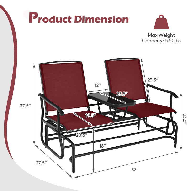 2-Person Double Rocking Loveseat with Mesh Fabric and Center Tempered Glass Table