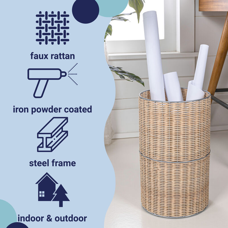 Cecil Modern Faux Wicker Cylinder Waste Basket