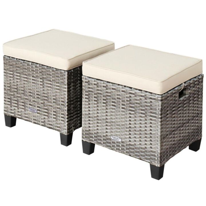 Hivvago 2PCS Patio Rattan Wicker Ottoman Seat with Removable Cushions-Turquoise