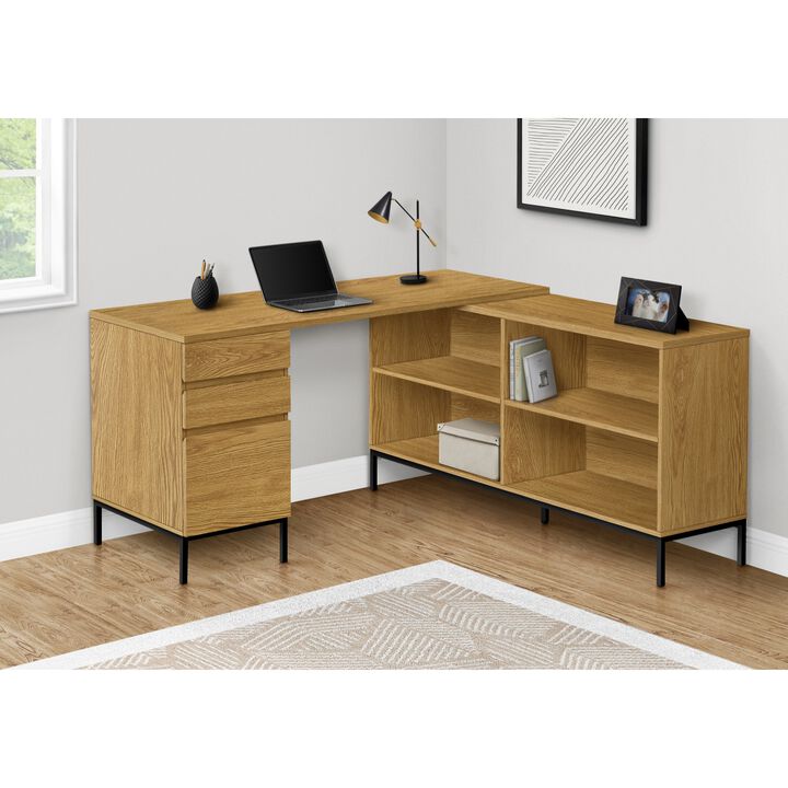 Computer Desk, Home Office, Corner, Storage Drawers, 60"L, L Shape, Work, Laptop, Metal, Laminate, Brown, Black, Contemporary, Modern