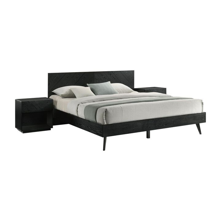 Benjara Mian Bedroom 3 pcs Set, King Platform Bed and Nightstand, Sleek Black