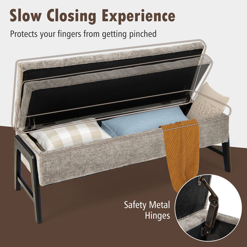 Modern Chenille Storage Bench with Solid Rubber Wood Legs-Gray