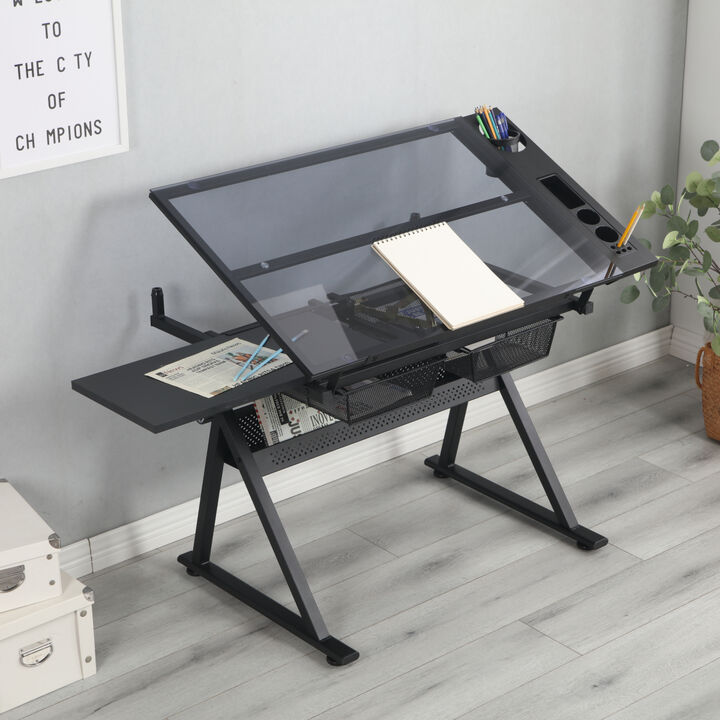Adjustable Tempered Glass Drafting Printing Table With Chair