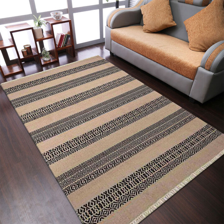 RUGSOTIC CARPETS HAND WOVEN FLAT WEAVE KILIM WOOL ECO-FRIENDLY AREA RUGS  - 10'x14', Rectangle Shape, Cream Charcoal Color, Contemporary Design, Low Pile Handmade Rugs for Living Room (D00113)