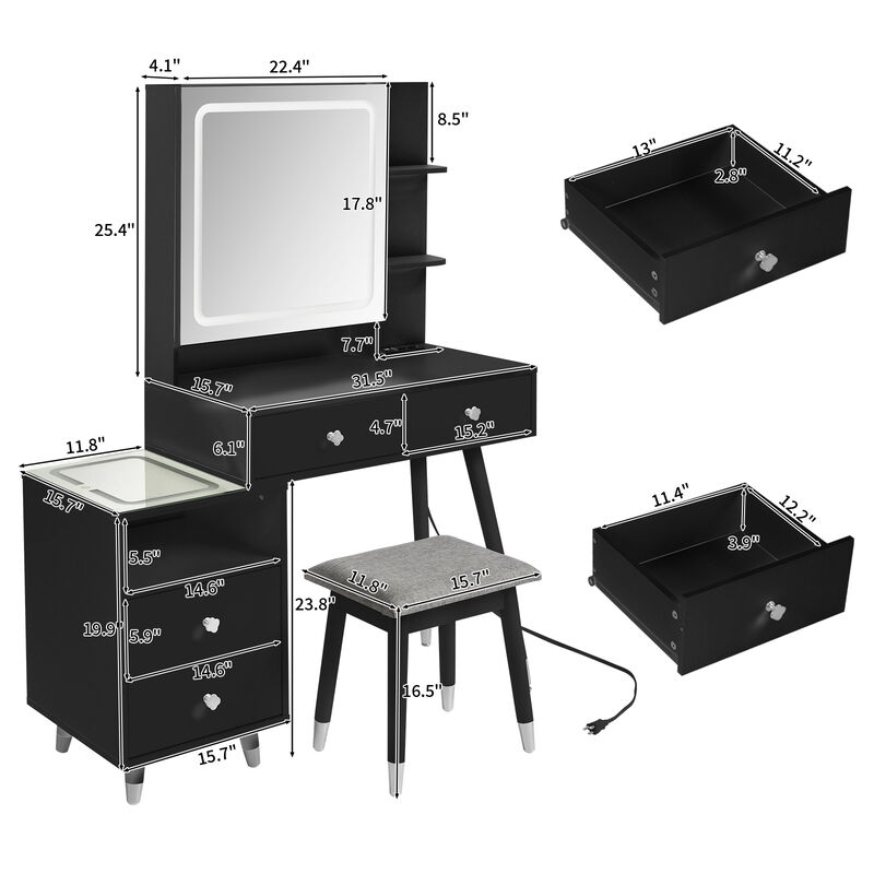 LED Lighted Mirror Cabinet with 4 Drawers & 2-Tier Shelf, Solid Wood Legs
