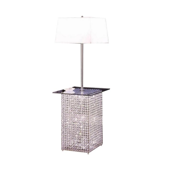 59 Inch Floor Lamp with Glass Tabletop, Crystal Stand, Metal, Clear-Benzara