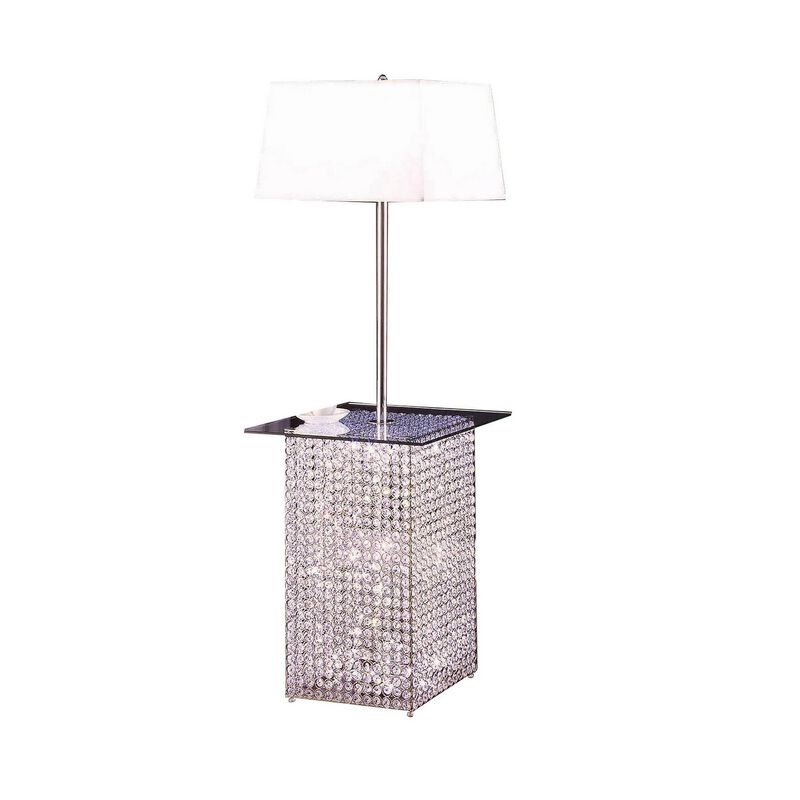 59 Inch Floor Lamp with Glass Tabletop, Crystal Stand, Metal, Clear-Benzara