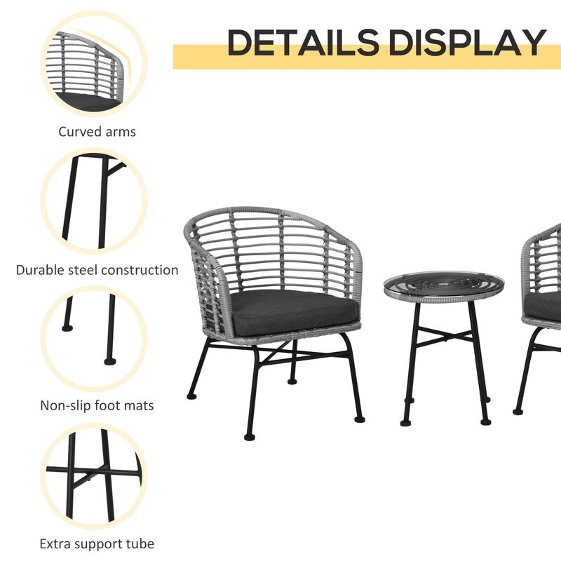 Black Patio Conversation: 3-Piece PE Rattan Bistro Set with Table