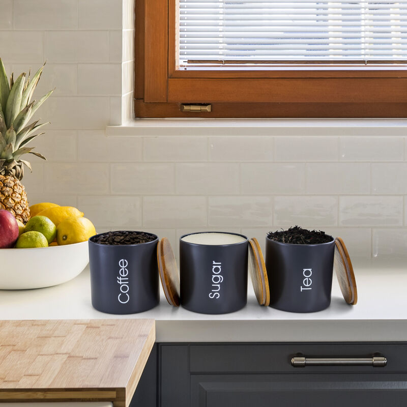MegaChef Bamboo Kitchen Countertop 4 Piece Metal Bread Basket and Canister Set in Gray with Lids