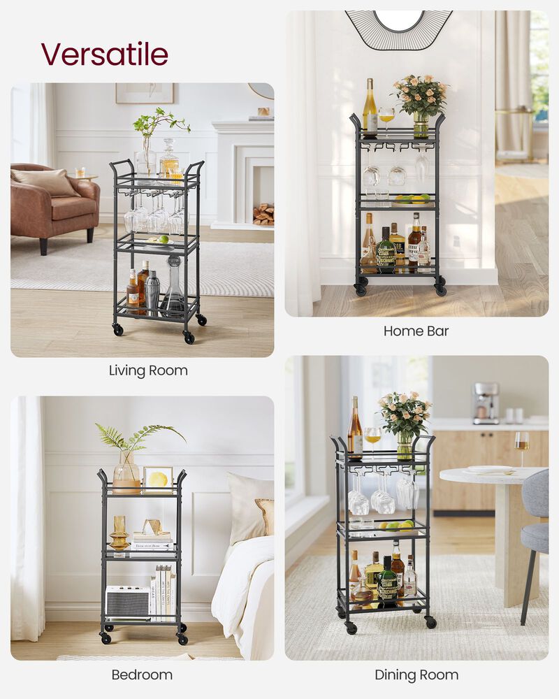 Small Bar Cart with 3-Tier Mirrored Shelves – Elegant Mobile Drink Station for Entertaining