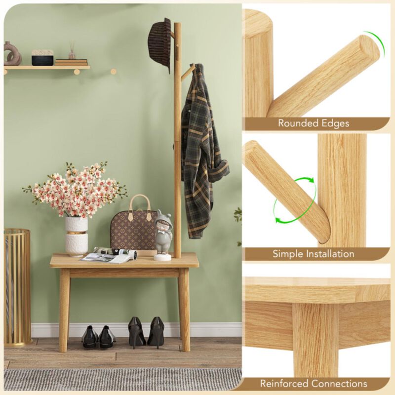 Hivvago End Table with Coat Rack Solid Wood Coat Tree with 2-in-1 Side Table