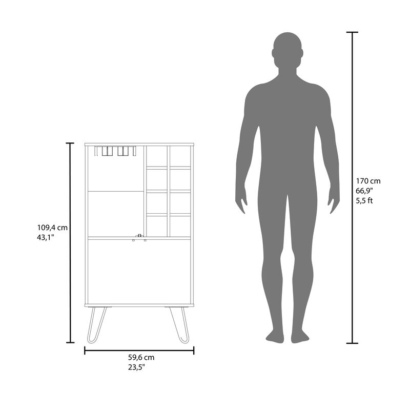 Lutak Bar Cabinet 43.1" H, with 2 Doors, 9 Shelves, and 1 Glass Panel, White Washed Oak