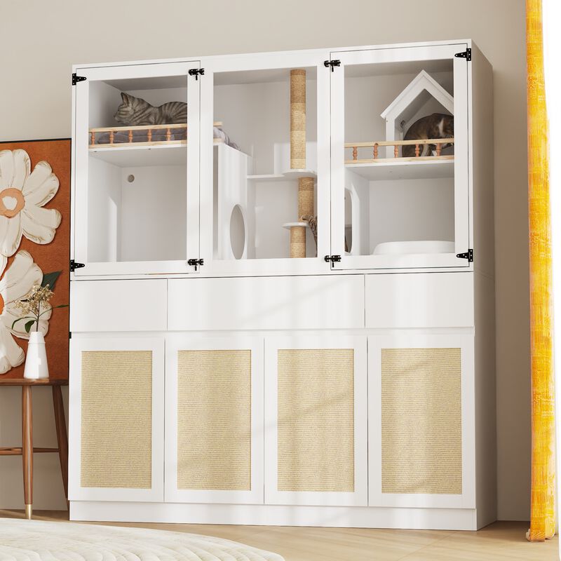 FUFU&GAGA Deluxe Multi-Level Cat Cabinet with Built-In Storage – Stylish and Functional Pet Furniture, 63"W x 19.7"D x 70.9"H, White
