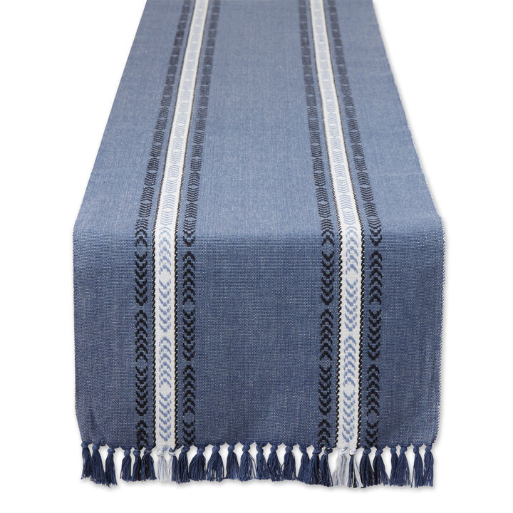 108" French Blue Striped Fringe Ribbed Table Runner