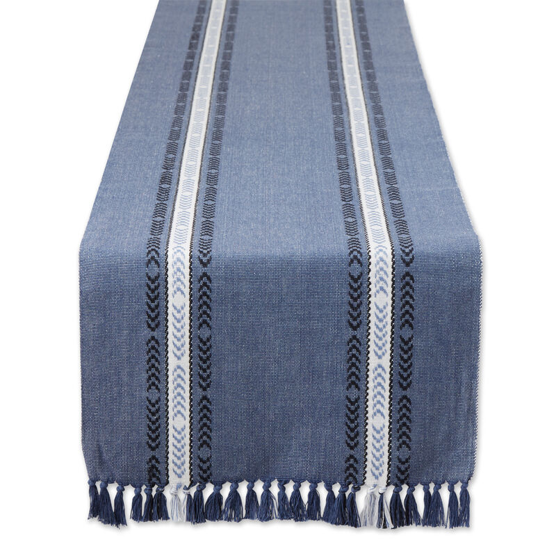 108" French Blue Striped Fringe Ribbed Table Runner