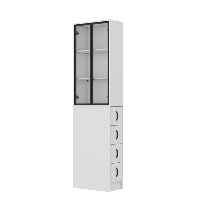 FUFU&GAGA Slim Bookshelf with Glass Doors & LED Lights, Modern Narrow Bookcase with Adjustable Storage for Living Room, Study & Home Office (24.3" W x 86.6" H x 11.8" D),White