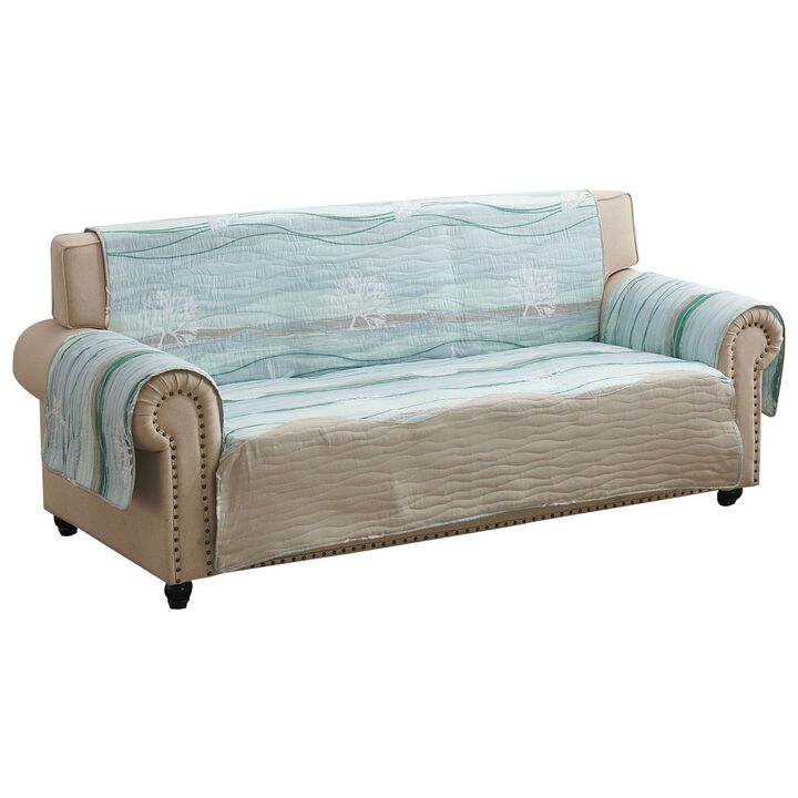 Niha 127 Inch Sofa Cover, Ocean Wave Print and Quilting, Border, Multicolor - Benzara