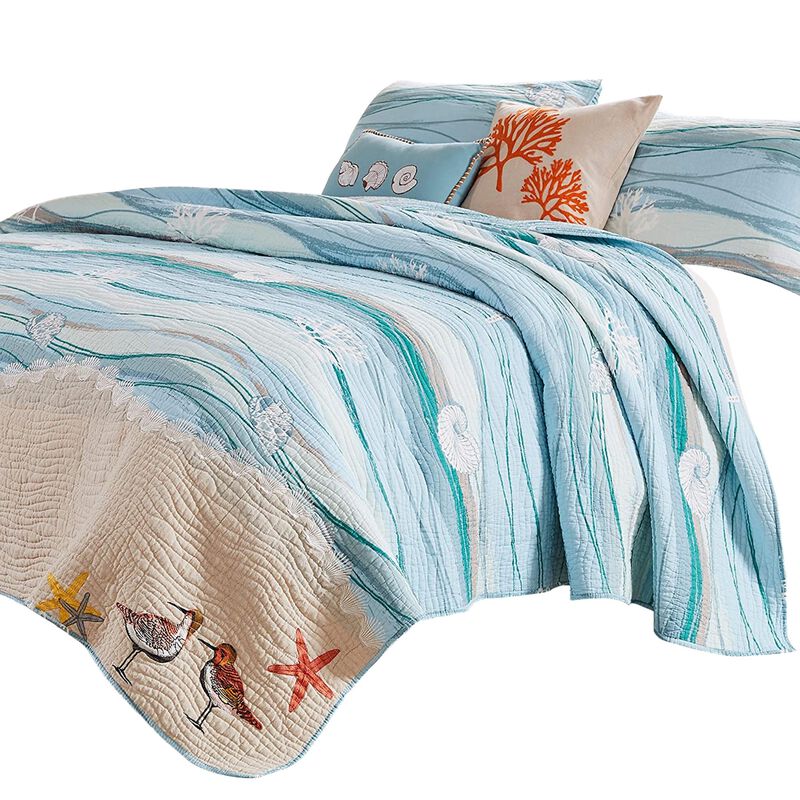 Maritsa Three Piece Queen Size Fabric Quilt Set with Coastal Prints, Blue - Benzara