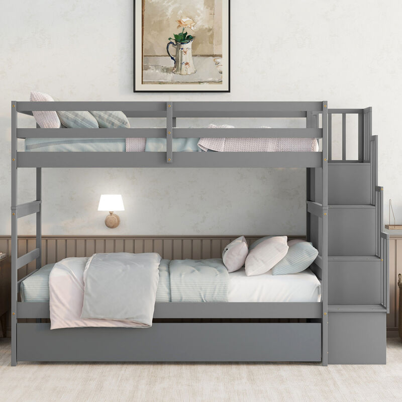 Bunk Beds Twin Over Twin Stairway Storage Function Gray