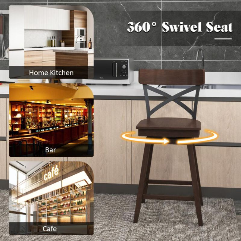Hivvago Set of 2 Wooden Swivel Bar Stools with Open X Back and Footrest