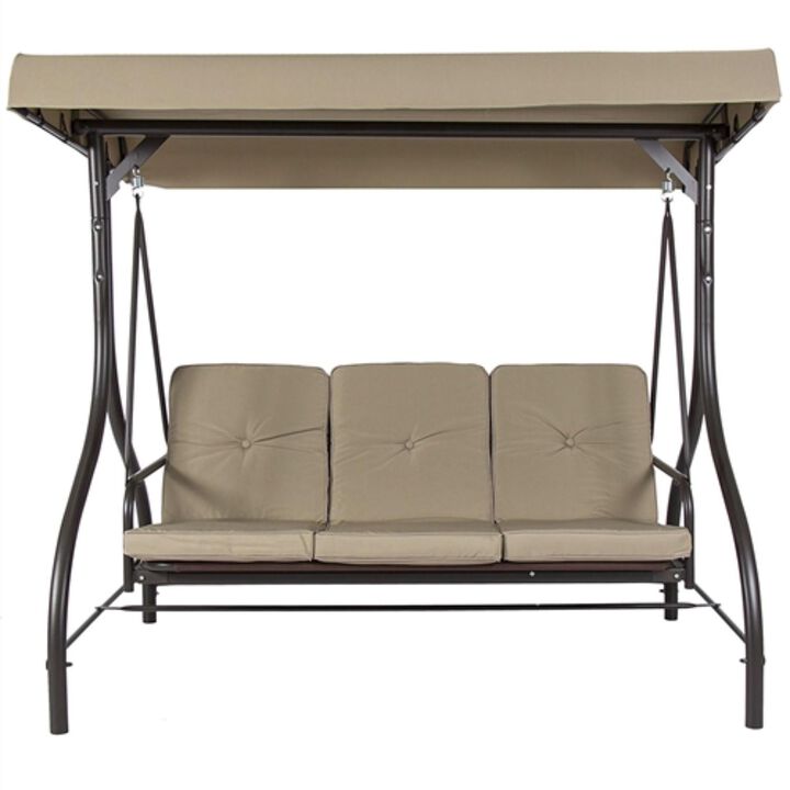 Hivvago Tan 3 Seat Outdoor Porch Deck Patio Canopy Swing with Cushions