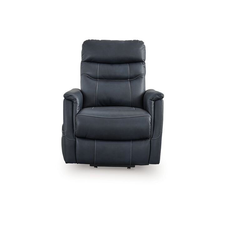 Barrett Power Lift Recliner Chair, Navy Blue Faux Leather, Pillow Back - Benzara