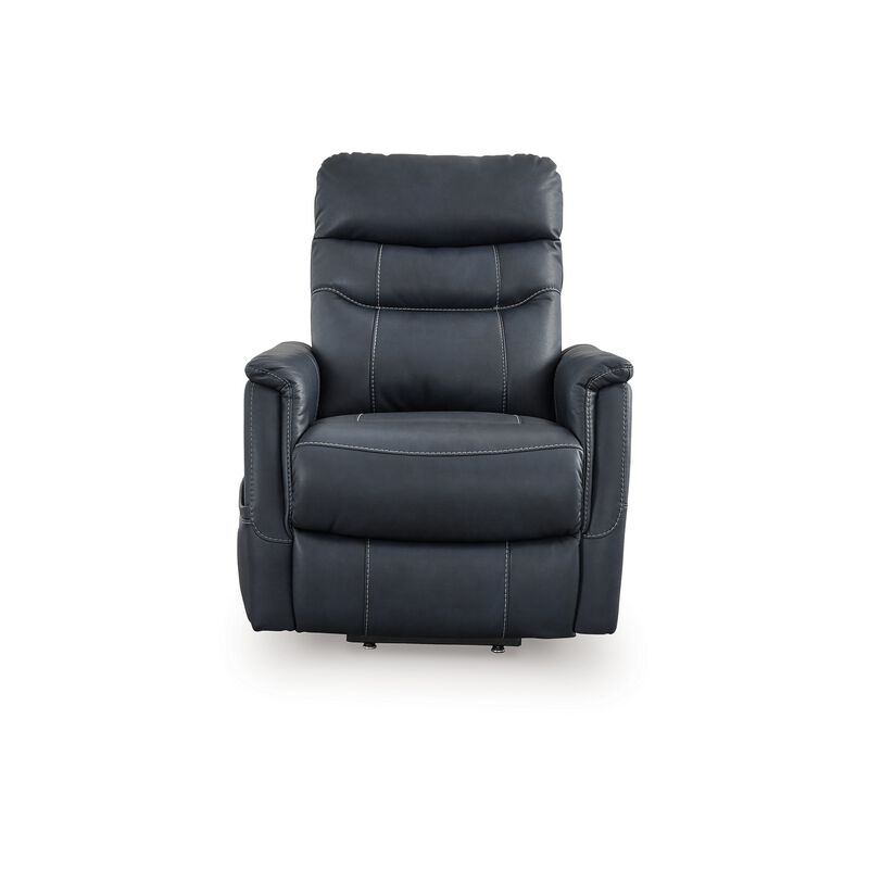 Barrett Power Lift Recliner Chair, Navy Blue Faux Leather, Pillow Back - Benzara