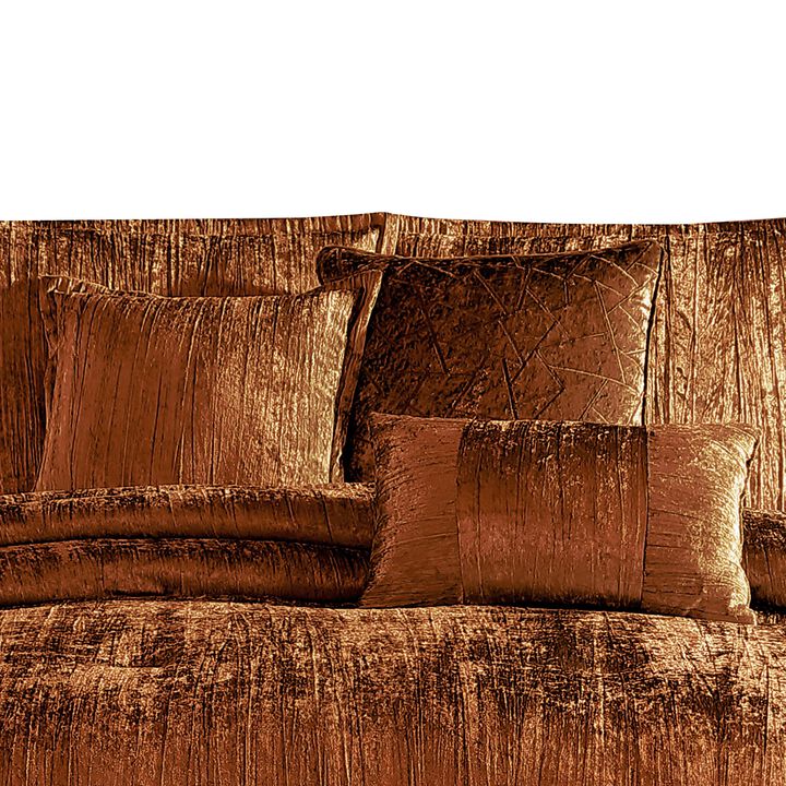 Jay 7 Piece King Comforter Set, Copper Polyester Velvet Deluxe Texture - Benzara
