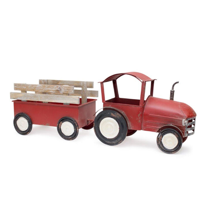 Iron and Wooden Tractor with Wagon for Tabletop or Shelf Display