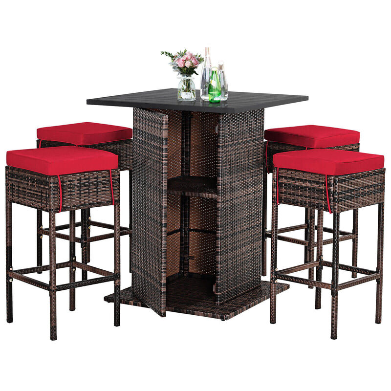 5 Pieces Patio Rattan Bar Table Stool Set Hidden Storage Shelf Cushioned