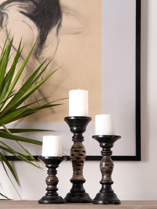 Traditional Dark Polish Eco-friendly Handmade Mango Wood Set Of Three 6",9" & 12" Pillar Candle Holder BBH Homes