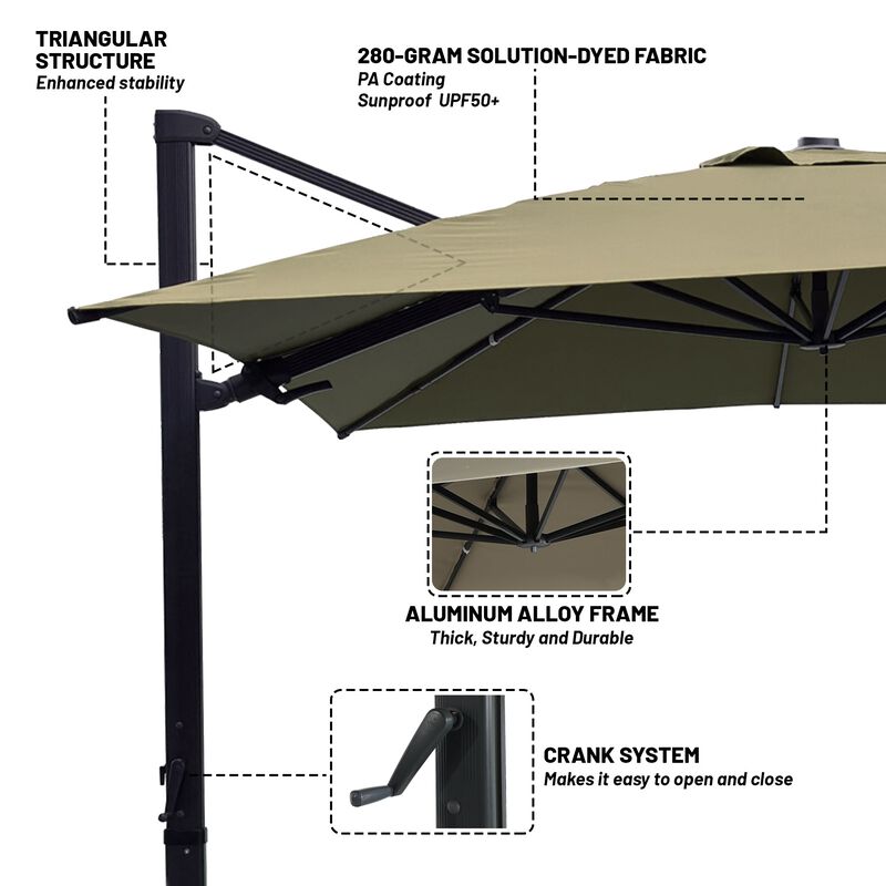 10x13 ft. 360 Rotation Patio Cantilever Umbrella with Base in Taupe