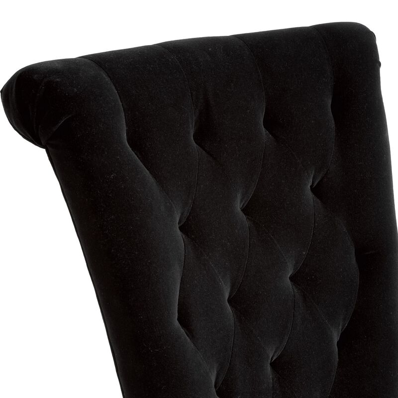 Chary Dining Chair Set of 2, Brown Wood, Classic Black Tufted Velvet - Benzara
