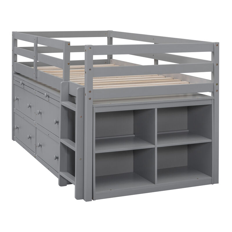 Wooden Loft Bed with Desk and Shelves