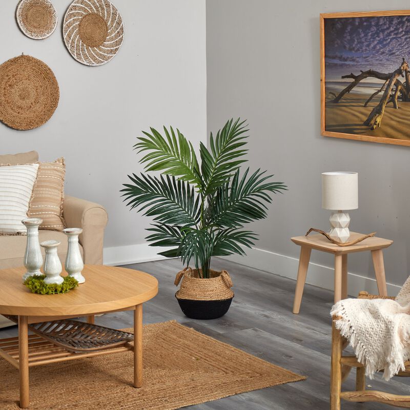 Hivvago 4 Feet Kentia Palm Artificial Tree in Boho Chic Handmade Cotton & Jute Black Woven Planter