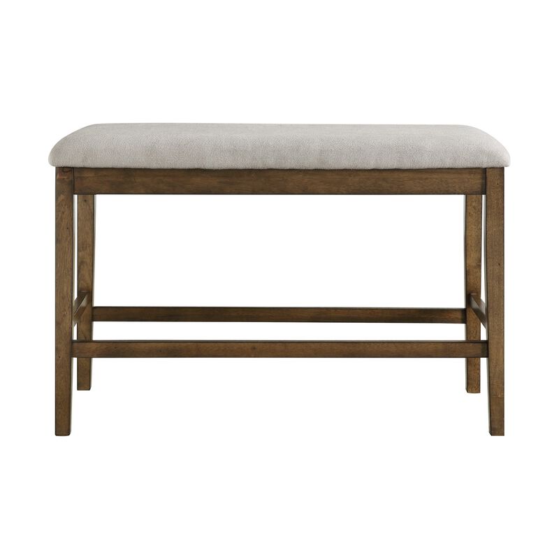 Carl 39 Inch Two Tone Counter Bench, Gray Fabric Seat, Light Oak Wood-Benzara