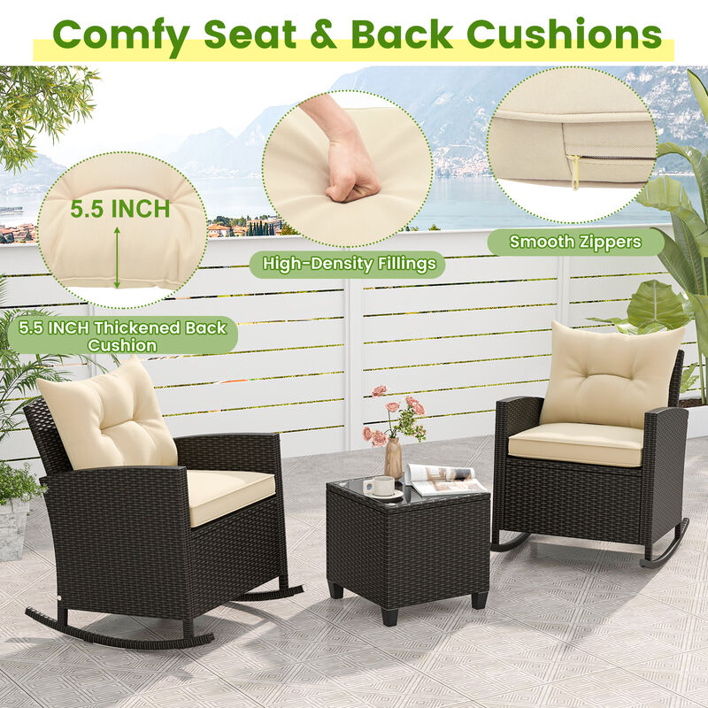 Patio Rattan Roker Chairs with Tempered Glass Table and Soft Cushions