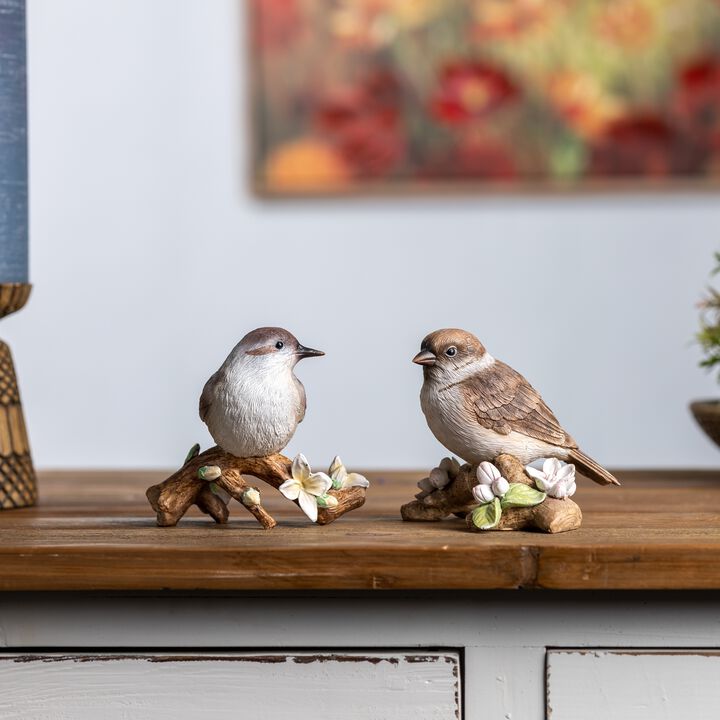Set of 6 Resin Birds on Branch for Holiday and Home Decor