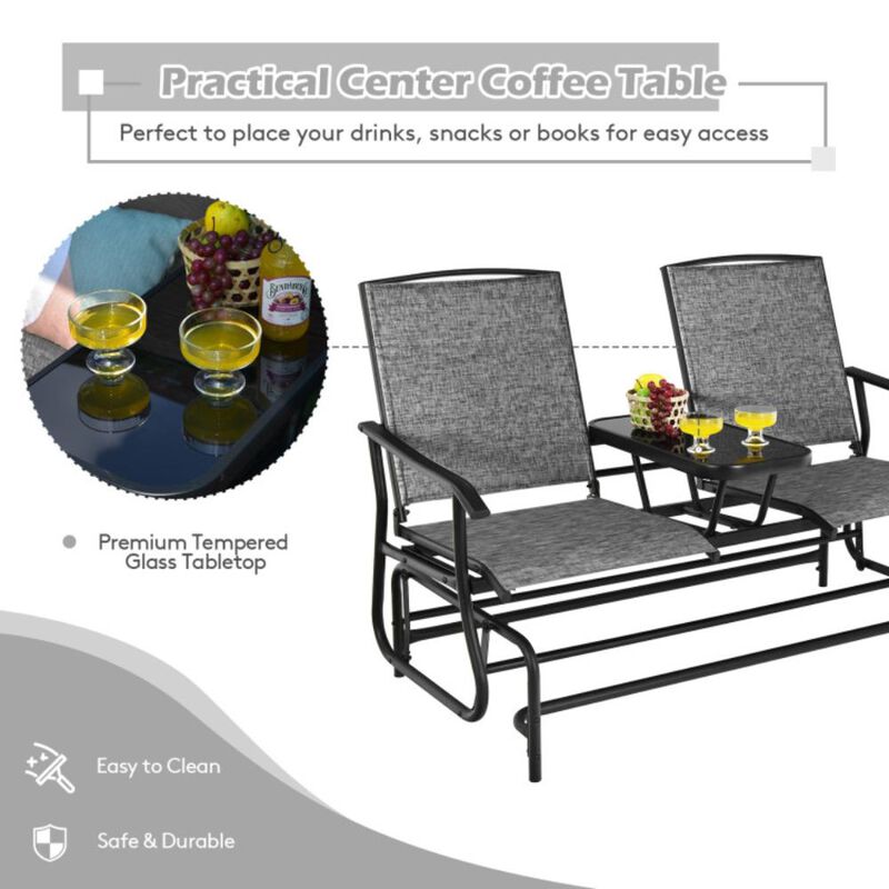 Hivvago 2-Person Double Rocking Loveseat with Mesh Fabric and Center Tempered Glass Table