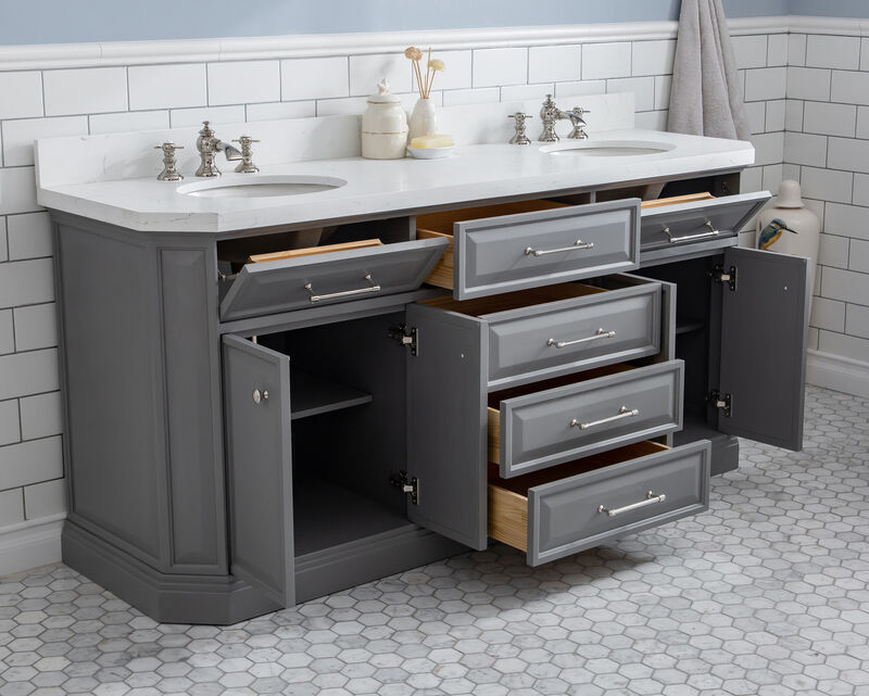 Palace 72 In. Double Sink Carrara Quartz Countertop Bath Vanity in Cashmere Grey with Polished Nickel (PVD) Hardware and Waterfall Faucets