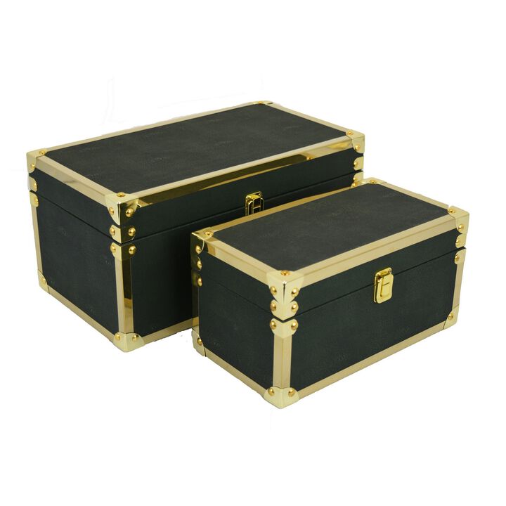 Mecca Storage Box Set of 2, Rivet Accents, Gold Metal Trim, Green Wood - Benzara