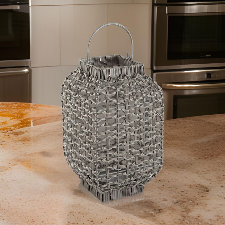 Neya Lantern, Indoor Outdoor Candle Holder, Bohemian Gray Faux Rattan Woven - Benzara