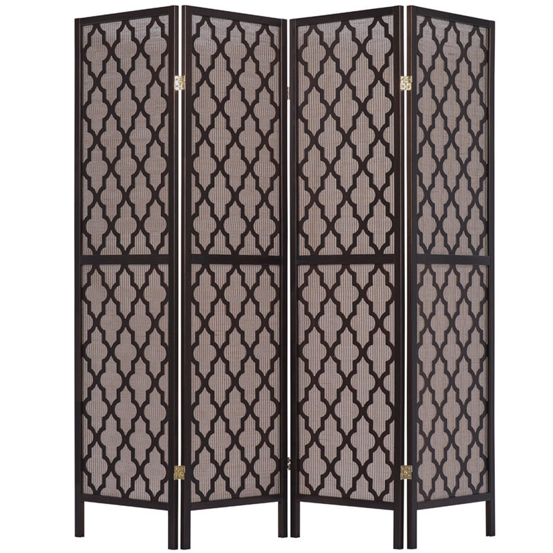 4 Panel Room Divider Rattan Cane Webbing Insert with Decorative Cut Outs Espresso 5.7ft Tall
