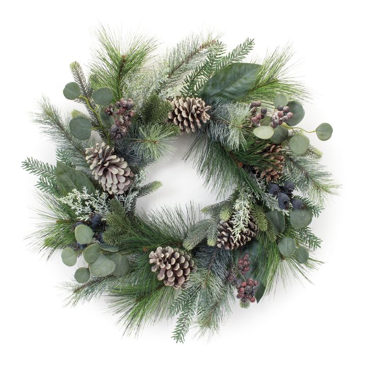 Pine, Berry, and Eucalyptus Wreath Seasonal Decorative Door or Wall Accent for Holiday Decor