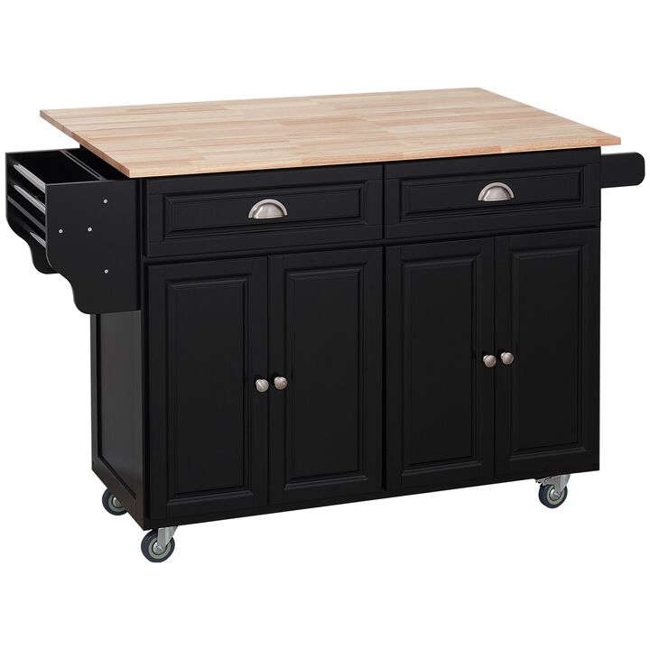 Black Culinary Aid: Rolling Kitchen Island with Wood Top & Storage