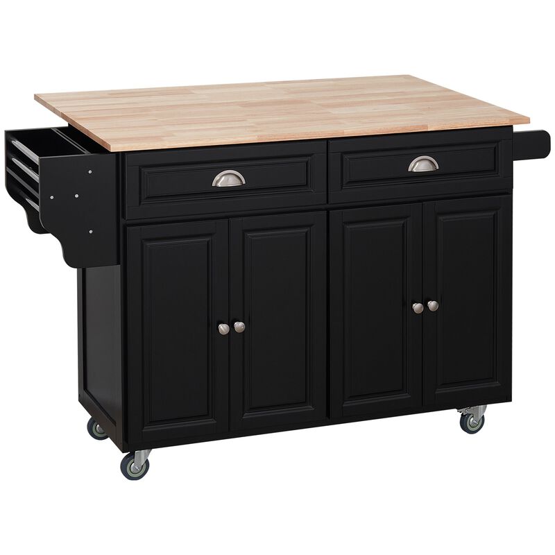 Black Culinary Aid: Rolling Kitchen Island with Wood Top & Storage