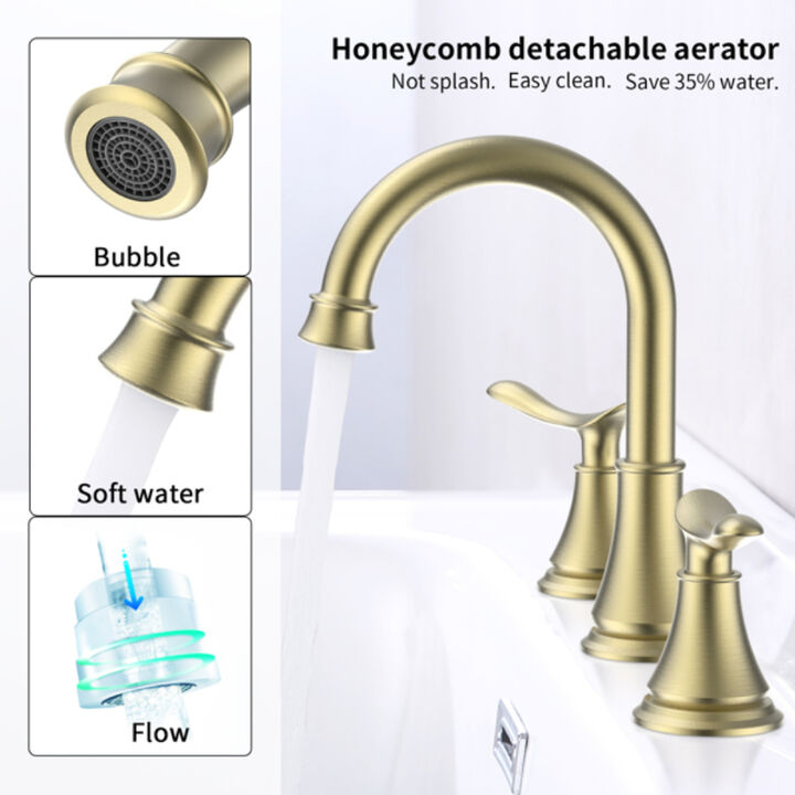 Luxury Brushed Gold Widespread Bathroom Faucet, 2-Handle Lavatory Sink Tap with 360° Swivel Spout