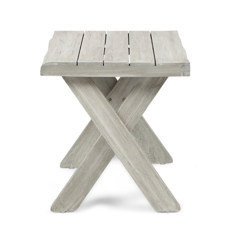 Outdoor Side End Table, 18 Inch Sandblasted Teak, Gray Acacia Wood - Benzara
