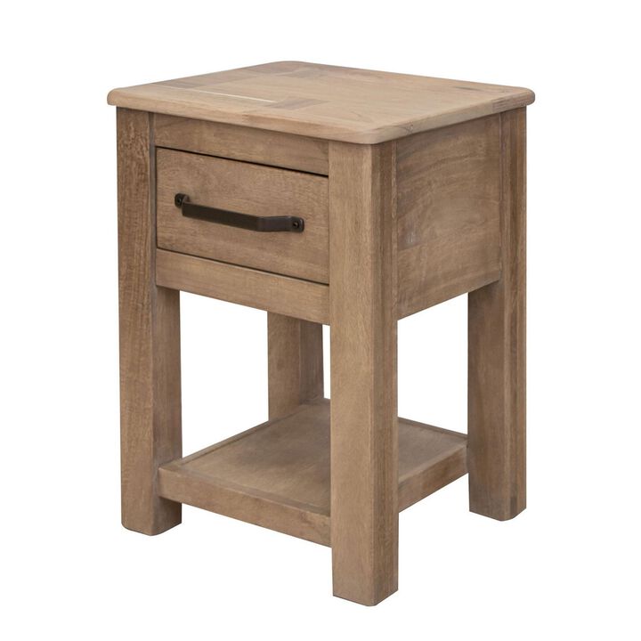 Benjara Umey 24 Inch Chairside Table, Drawer, Lower Shelf, Natural Wood, Brown and Black