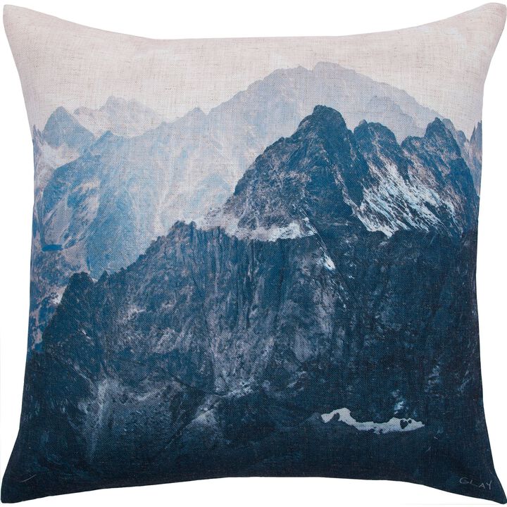 20" Beige and Blue Mountainside Printed Square Throw Pillow